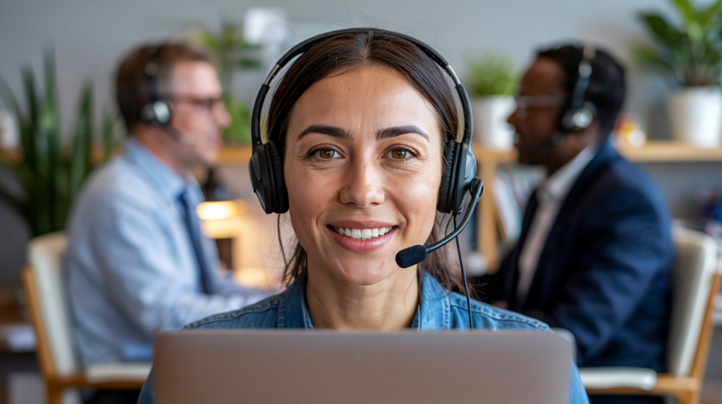 Close-up of a smiling interpreter wearing a headset, appearing on a laptop screen, while two people from different countries have a discussion via video call; cozy office setup, soft lighting, professional yet friendly look.